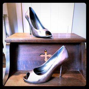 Deep silver peep toe stilettos